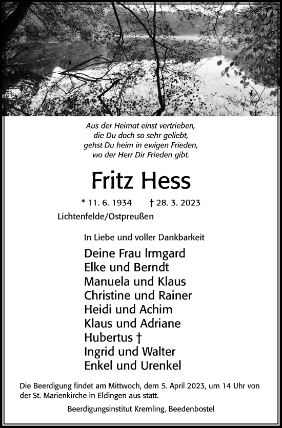 Traueranzeige von Fritz Hess von Cellesche Zeitung