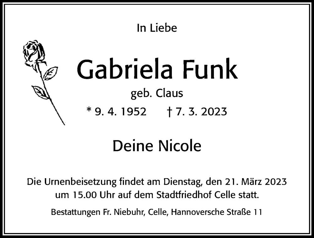  Traueranzeige für Gabriela Funk vom 18.03.2023 aus Cellesche Zeitung
