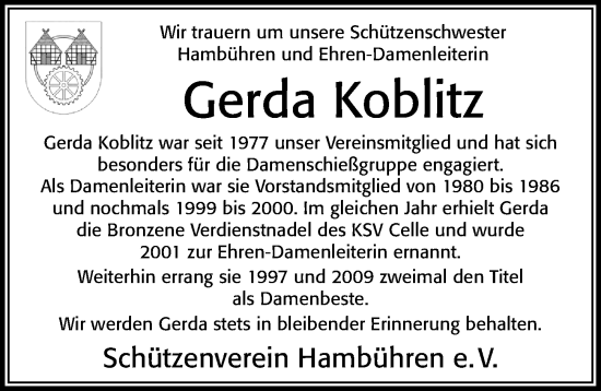 Traueranzeige von Gerda Koblitz von Cellesche Zeitung
