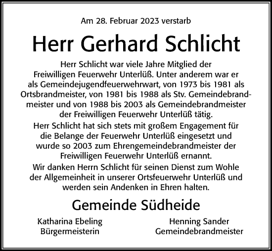 Traueranzeige von Gerhard Schlicht von Cellesche Zeitung