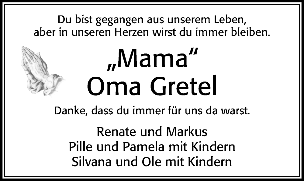  Traueranzeige für Gretel  vom 18.03.2023 aus Cellesche Zeitung