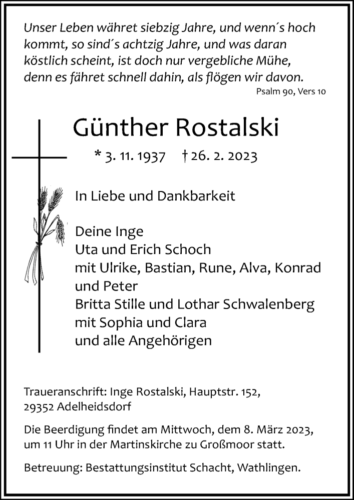  Traueranzeige für Günther Rostalski vom 04.03.2023 aus Cellesche Zeitung