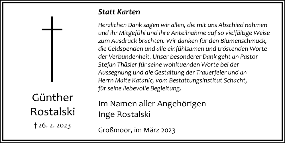  Traueranzeige für Günther Rostalski vom 25.03.2023 aus Cellesche Zeitung