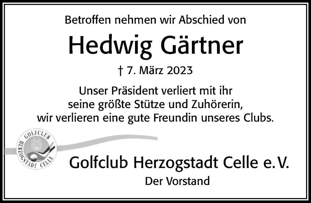  Traueranzeige für Hedwig Gärtner vom 18.03.2023 aus Cellesche Zeitung