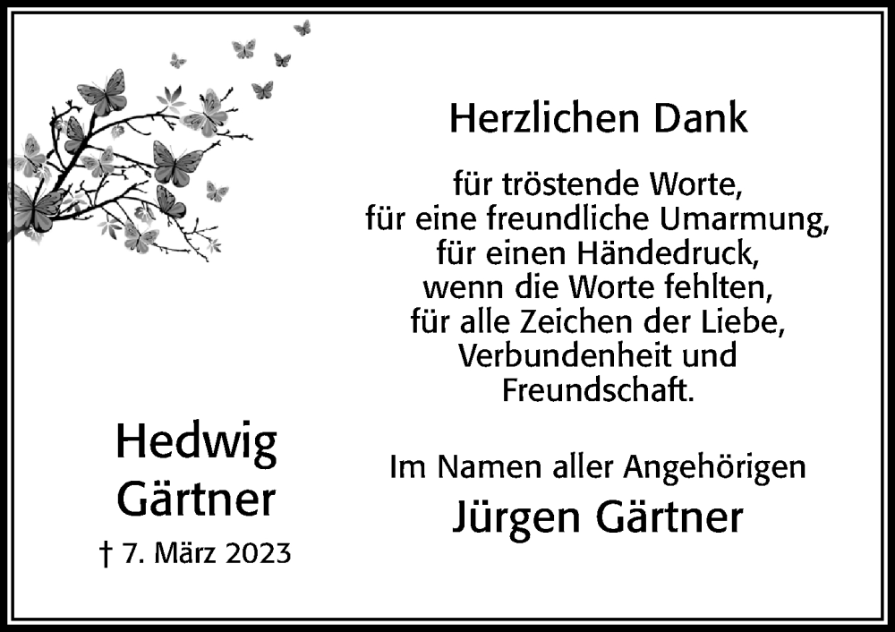  Traueranzeige für Hedwig Gärtner vom 24.03.2023 aus Cellesche Zeitung