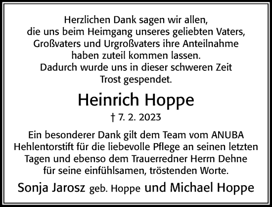 Traueranzeige von Heinrich Hoppe von Cellesche Zeitung