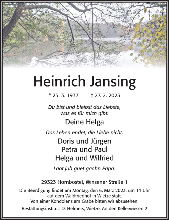 Traueranzeige von Heinrich Jansing von Cellesche Zeitung