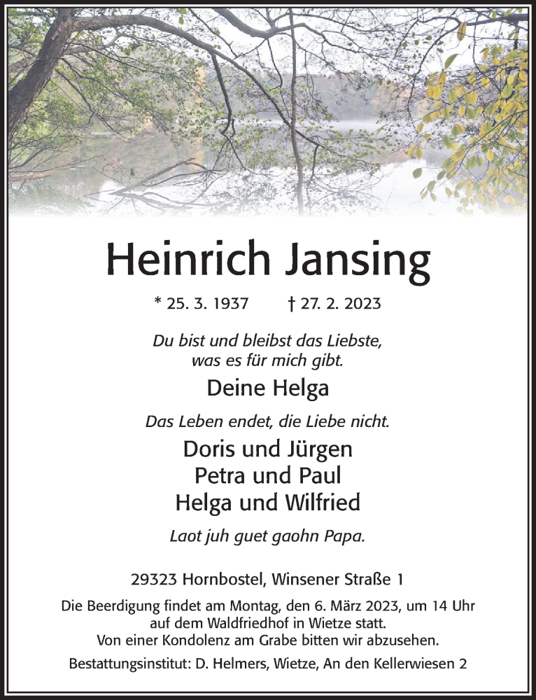  Traueranzeige für Heinrich Jansing vom 02.03.2023 aus Cellesche Zeitung