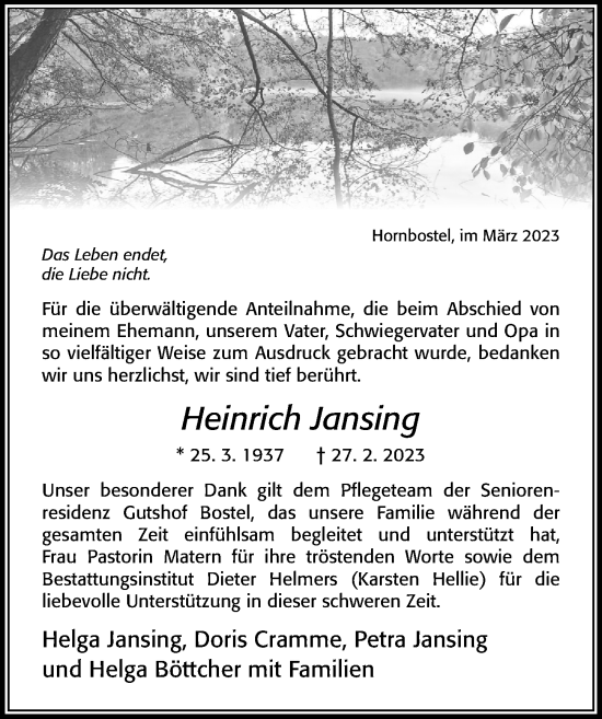 Traueranzeige von Heinrich Jansing von Cellesche Zeitung