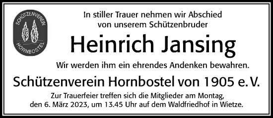 Traueranzeige von Heinrich Jansing von Cellesche Zeitung