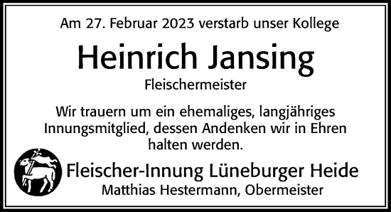 Traueranzeige von Heinrich Jansing von Cellesche Zeitung