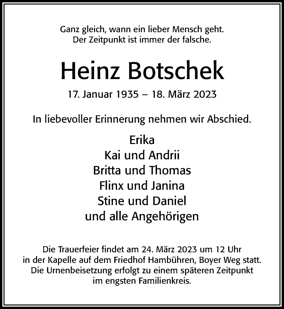  Traueranzeige für Heinz Botschek vom 22.03.2023 aus Cellesche Zeitung