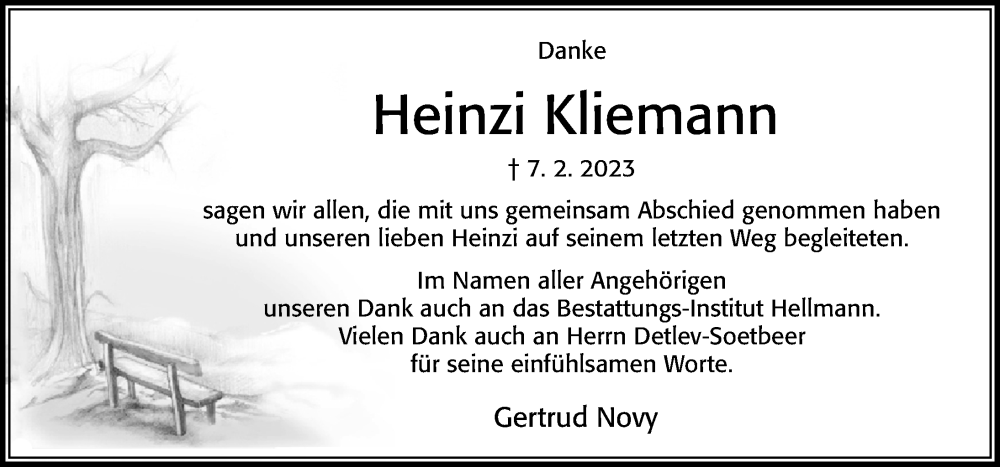  Traueranzeige für Heinzi Kliemann vom 25.03.2023 aus Cellesche Zeitung
