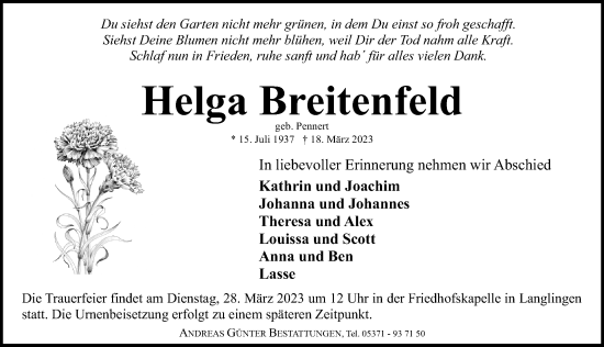 Traueranzeige von Helga Breitenfeld von Cellesche Zeitung
