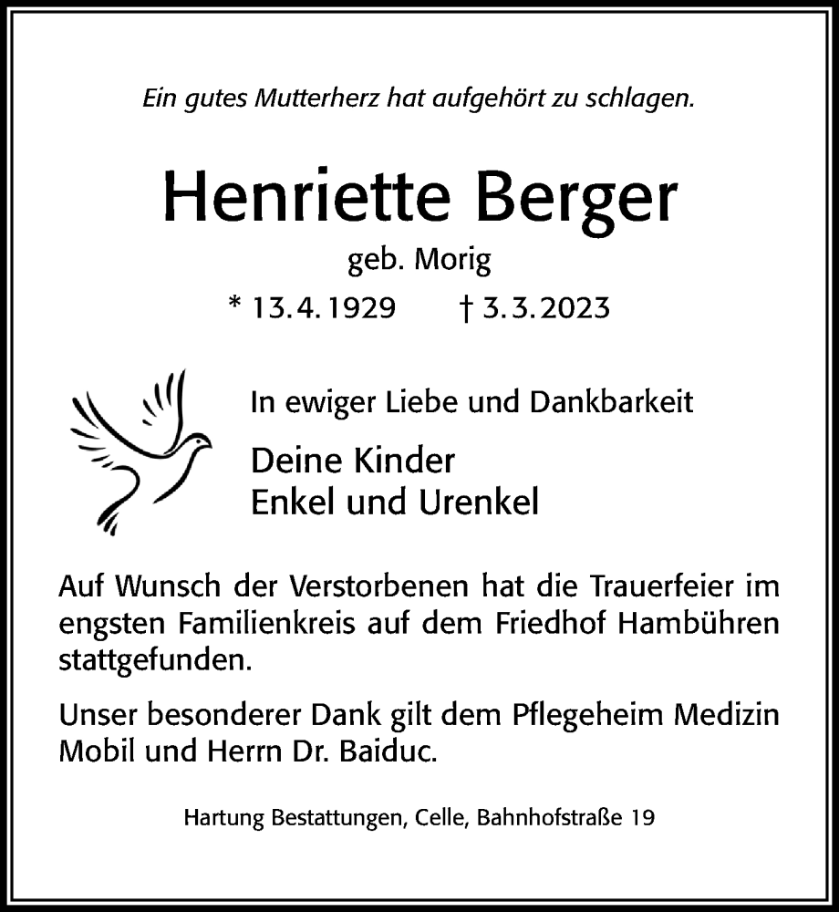  Traueranzeige für Henriette Berger vom 18.03.2023 aus Cellesche Zeitung