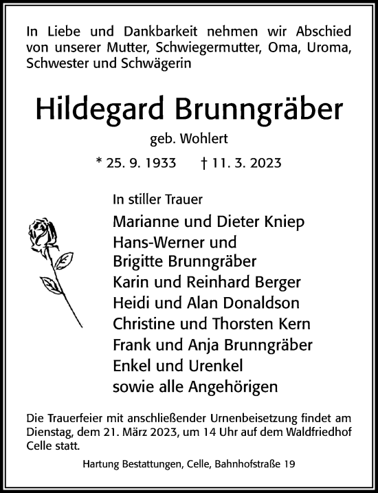 Traueranzeige von Hildegard Brunngräber von Cellesche Zeitung