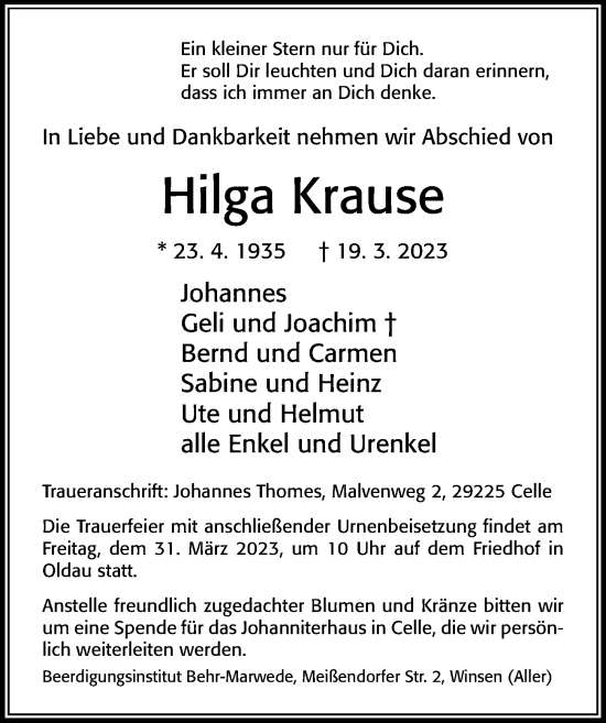 Traueranzeige von Hilga Krause von Cellesche Zeitung