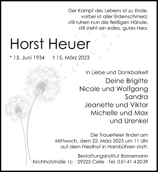 Traueranzeige von Horst Heuer von Cellesche Zeitung