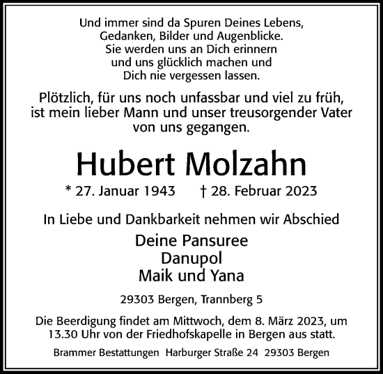 Traueranzeige von Hubert Molzahn von Cellesche Zeitung