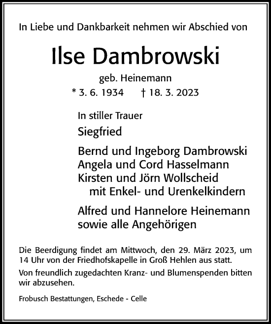 Traueranzeige von Ilse Dambrowski von Cellesche Zeitung