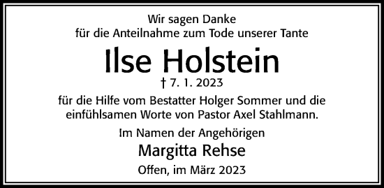 Traueranzeige von Ilse Holstein von Cellesche Zeitung