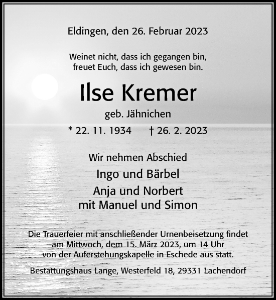 Traueranzeige von Ilse Kremer von Cellesche Zeitung