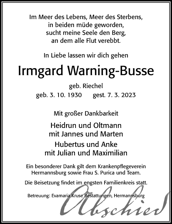 Traueranzeige von Irmgard Warning-Busse von Cellesche Zeitung
