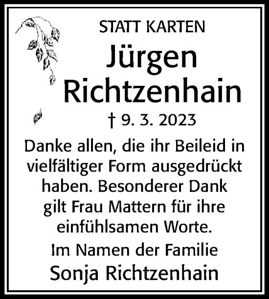 Traueranzeige von Jürgen Richtzenhain von Cellesche Zeitung