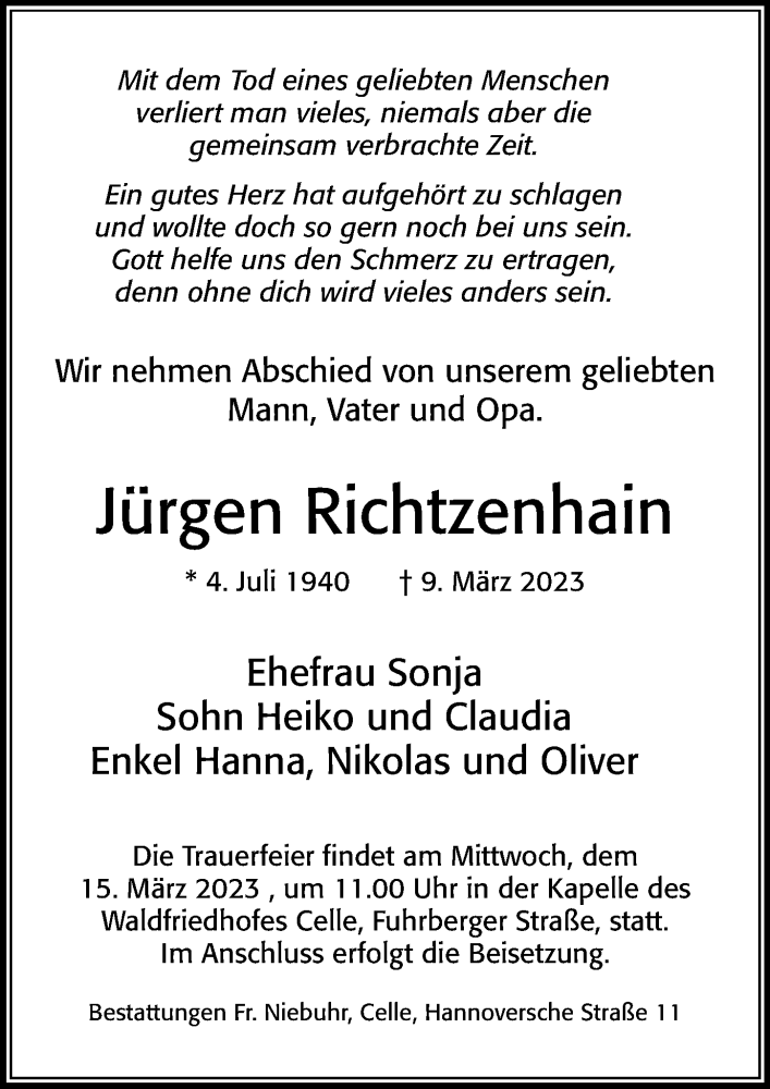 Traueranzeige für Jürgen Richtzenhain vom 14.03.2023 aus Cellesche Zeitung