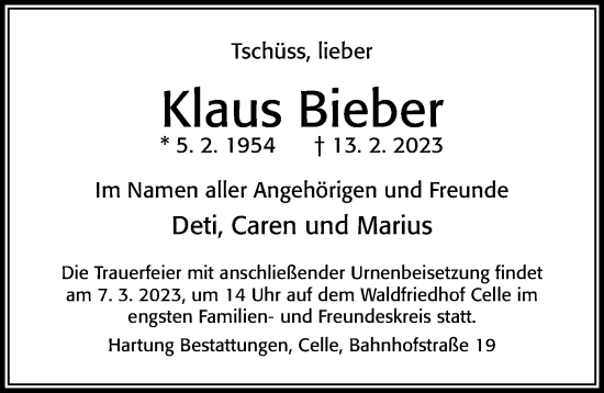 Traueranzeige von Klaus Bieber von Cellesche Zeitung