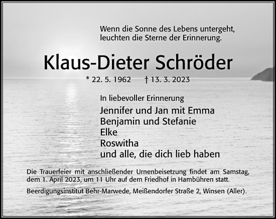 Traueranzeige von Klaus-Dieter Schröder von Cellesche Zeitung