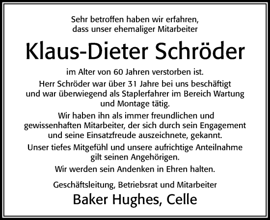 Traueranzeige von Klaus-Dieter Schröder von Cellesche Zeitung