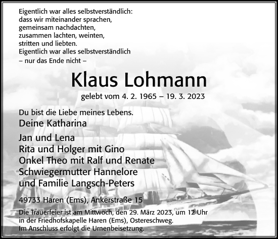 Traueranzeige von Klaus Lohmann von Cellesche Zeitung