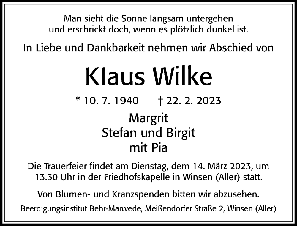  Traueranzeige für Klaus Wilke vom 04.03.2023 aus Cellesche Zeitung