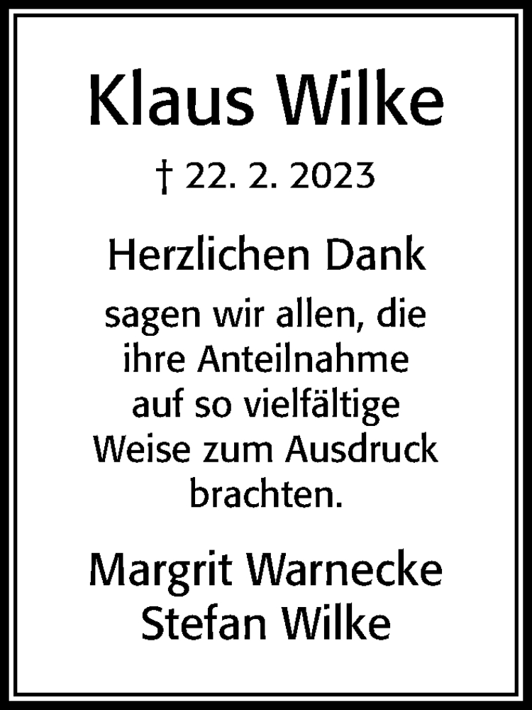  Traueranzeige für Klaus Wilke vom 25.03.2023 aus Cellesche Zeitung