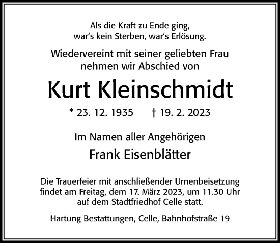 Traueranzeige von Kurt Kleinschmidt von Cellesche Zeitung