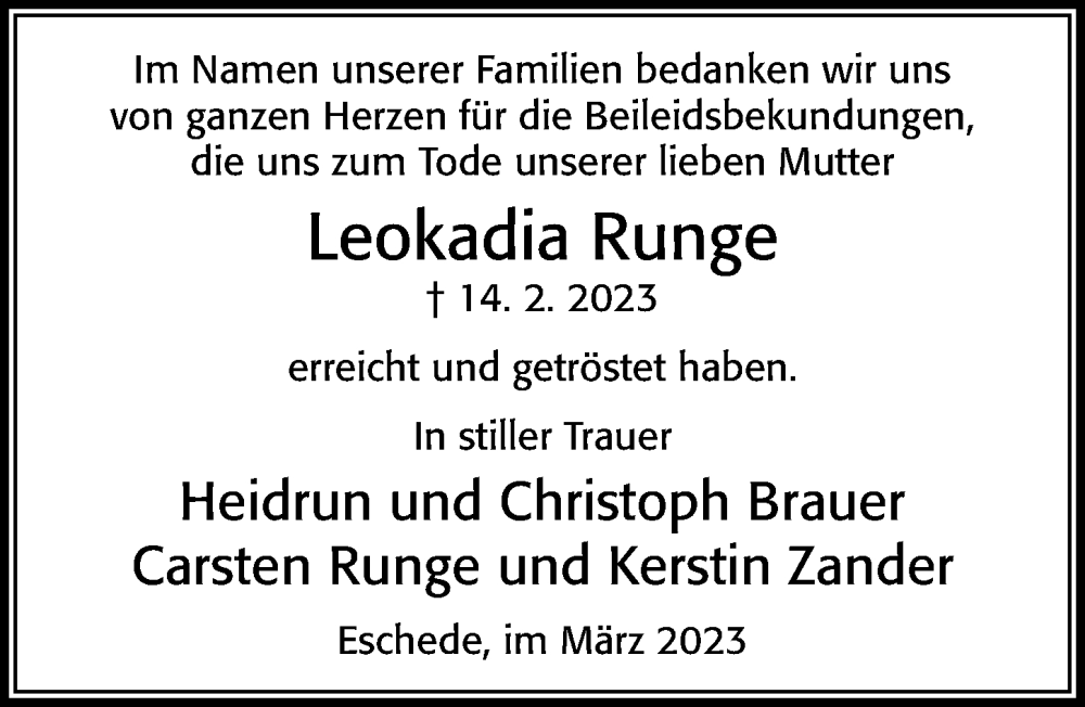  Traueranzeige für Leokadia Runge vom 18.03.2023 aus Cellesche Zeitung