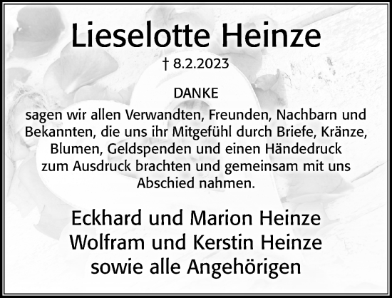 Traueranzeige von Lieselotte Heinze von Cellesche Zeitung