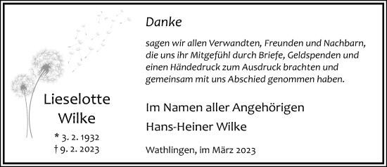 Traueranzeige von Lieselotte Wilke von Cellesche Zeitung