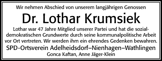 Traueranzeige von Lothar Krumsiek von Cellesche Zeitung