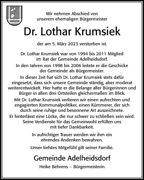 Traueranzeige von Lothar Krumsiek von Cellesche Zeitung