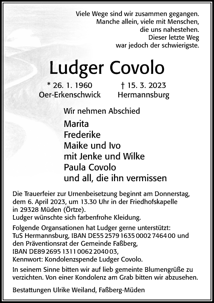  Traueranzeige für Ludger Covolo vom 18.03.2023 aus Cellesche Zeitung
