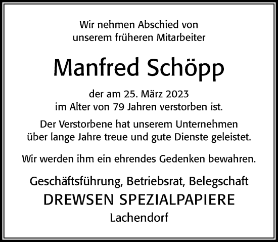 Traueranzeige von Manfred Schöpp von Cellesche Zeitung