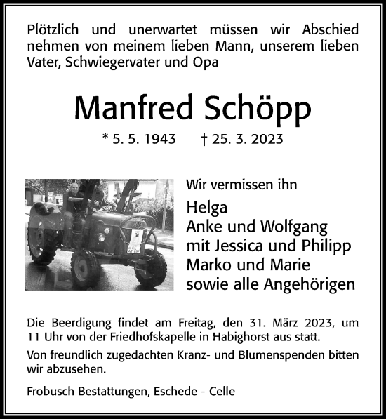 Traueranzeige von Manfred Schöpp von Cellesche Zeitung