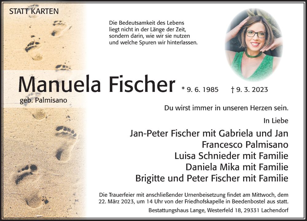  Traueranzeige für Manuela Fischer vom 18.03.2023 aus Cellesche Zeitung