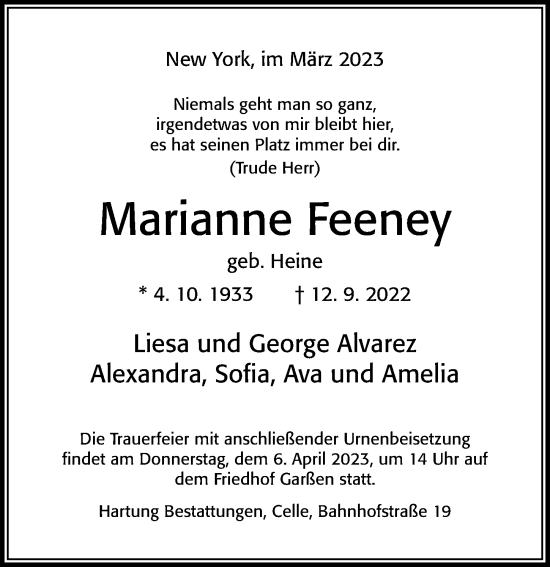 Traueranzeige von Marianne Feeney von Cellesche Zeitung