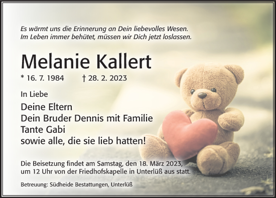 Traueranzeige von Melanie Kallert von Cellesche Zeitung