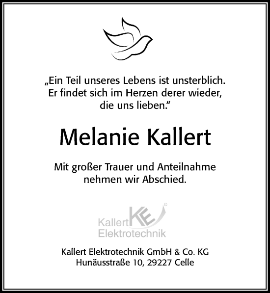 Traueranzeige von Melanie Kallert von Cellesche Zeitung