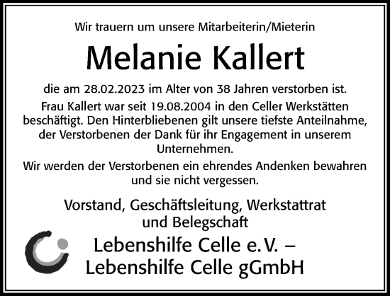 Traueranzeige von Melanie Kallert von Cellesche Zeitung