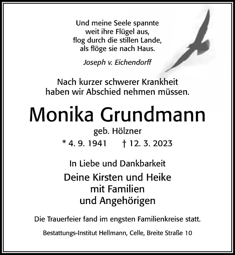 Traueranzeige für Monika Grundmann vom 25.03.2023 aus Cellesche Zeitung
